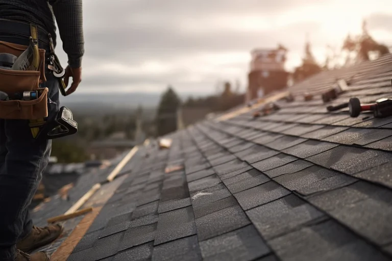 Residential roof with asphalt shingles and distant house views for roofing services