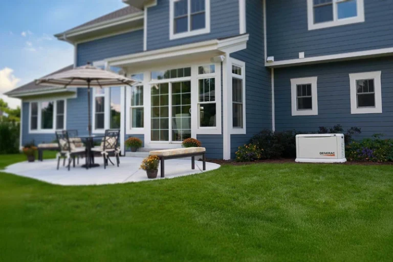 Modern two-story home with manicured lawn and patio area featuring home service upgrades