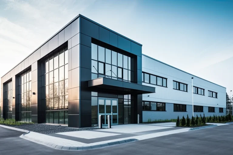 Modern commercial building with large windows and blue exterior paneling