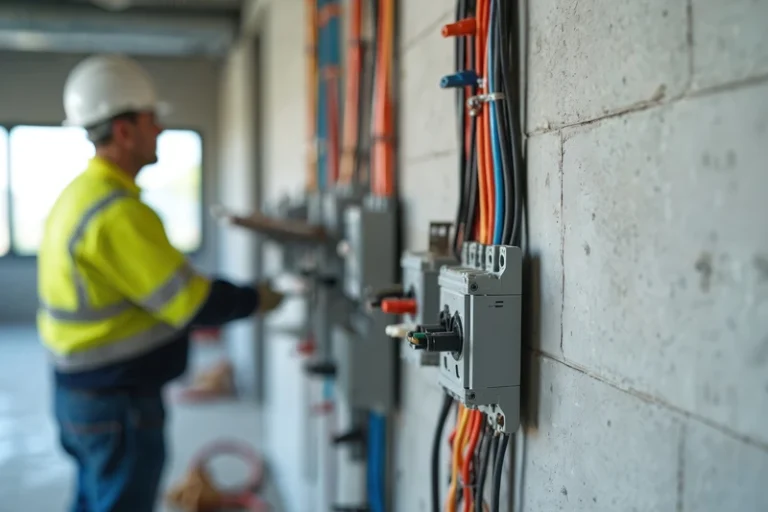 Commercial electrical wiring and conduit installation on building wall with technician