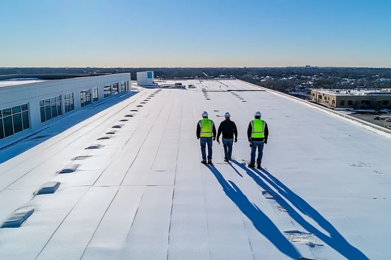 Three workers in safety gear inspect flat commercial roofing system on large building