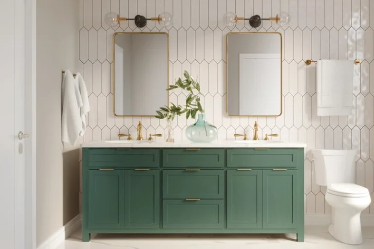 Green double vanity bathroom sink with mirrors and faucets in modern home