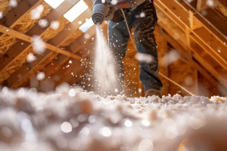 Closeup of boots standing in white residential insulation material on wooden attic floor