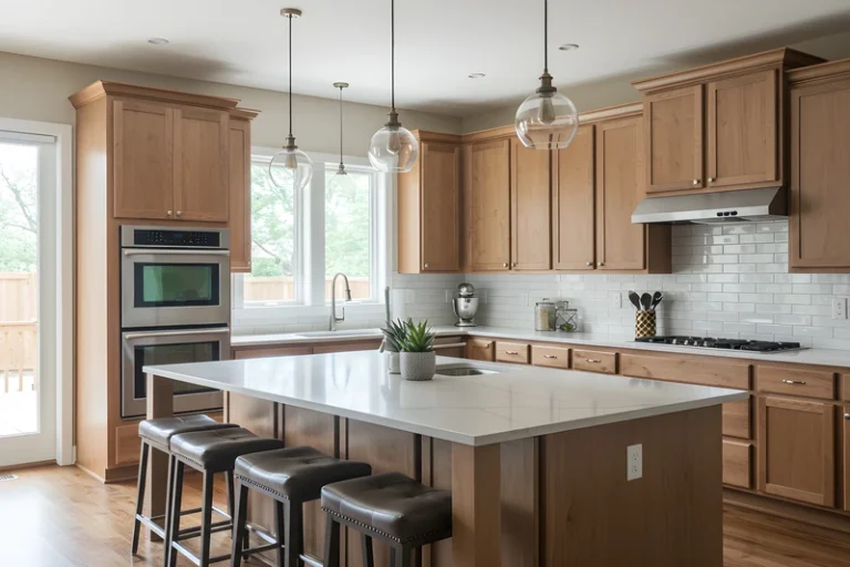 Modern kitchen with wood cabinets, white countertops, island seating, and pendant lighting fixtures