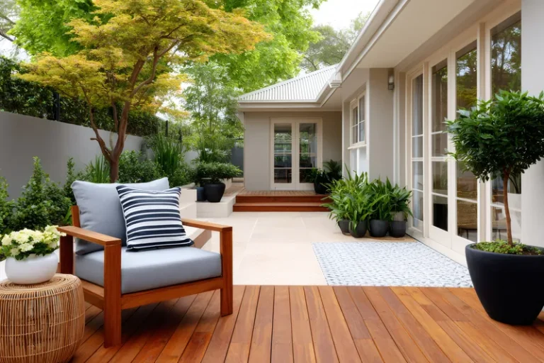 Residential patio with wooden deck, lounge chair, potted plants, and modern home exterior