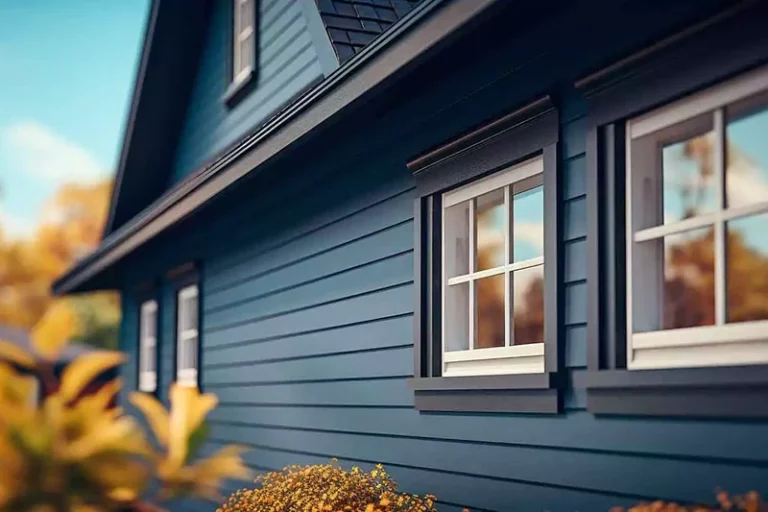 Modern blue residential home exterior with newly installed siding and illuminated window at dusk