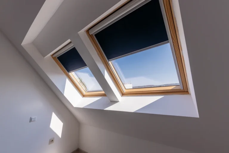 Two wooden-framed skylights installed in residential ceiling with natural light streaming through